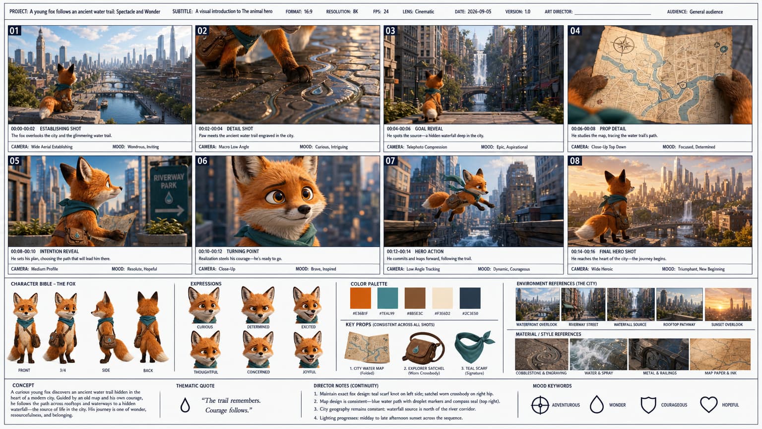 Example eight-scene storyboard sheet with character and continuity references