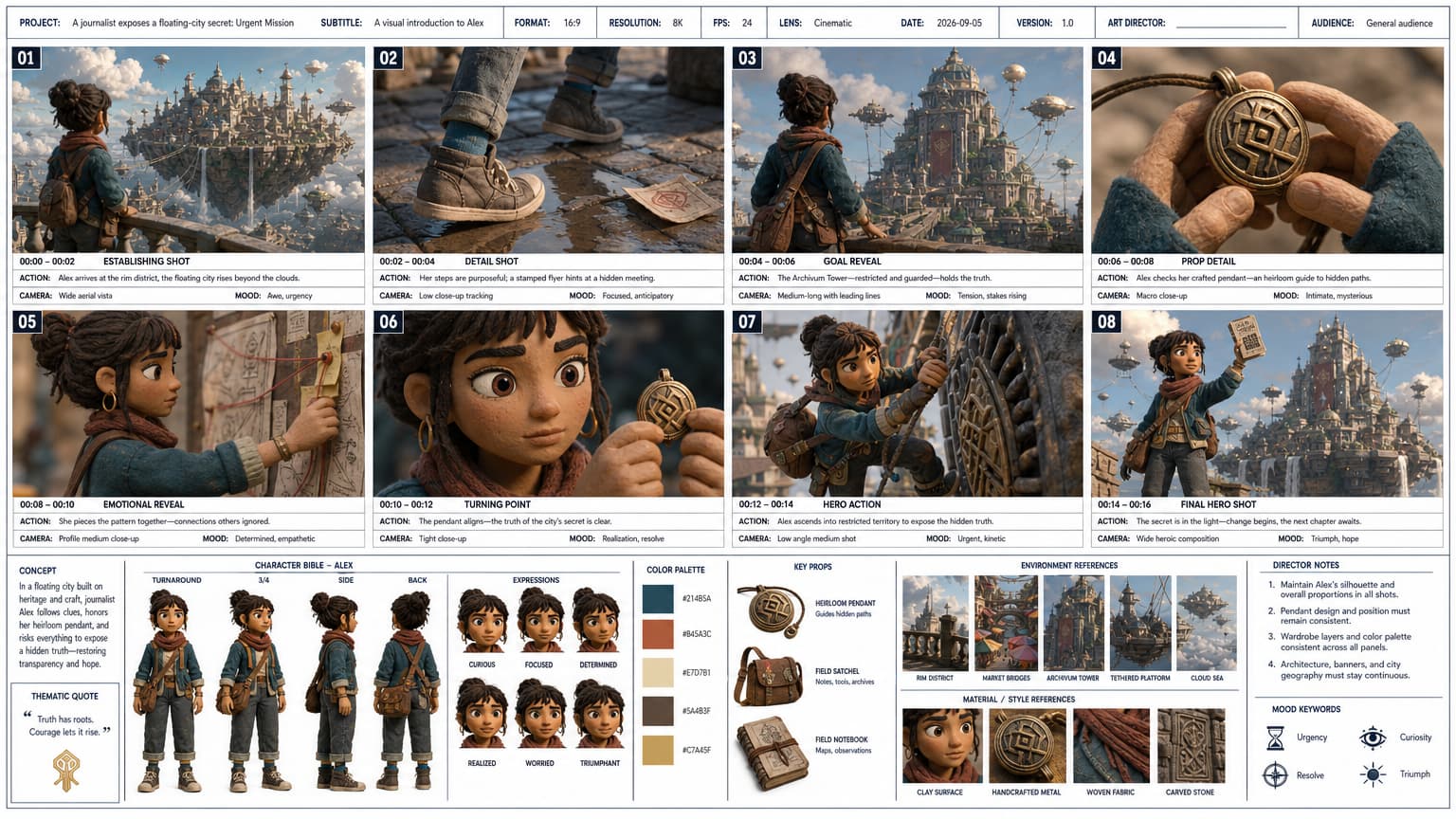 Example eight-scene storyboard sheet with character and continuity references