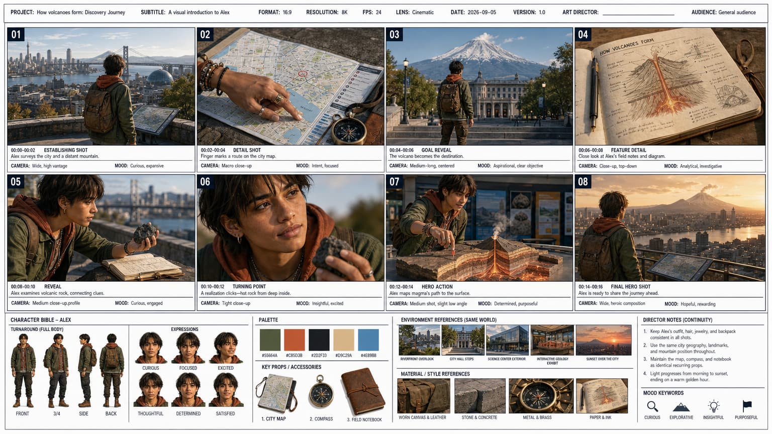 Example eight-scene storyboard sheet with character and continuity references