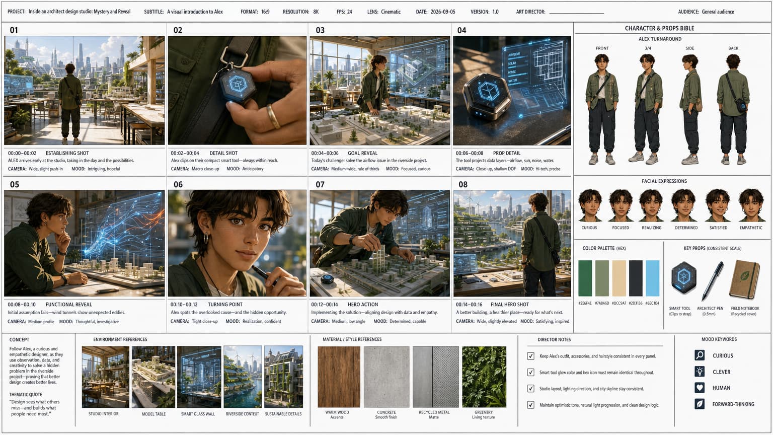 Storyboard example showing eight cinematic scenes and continuity documentation