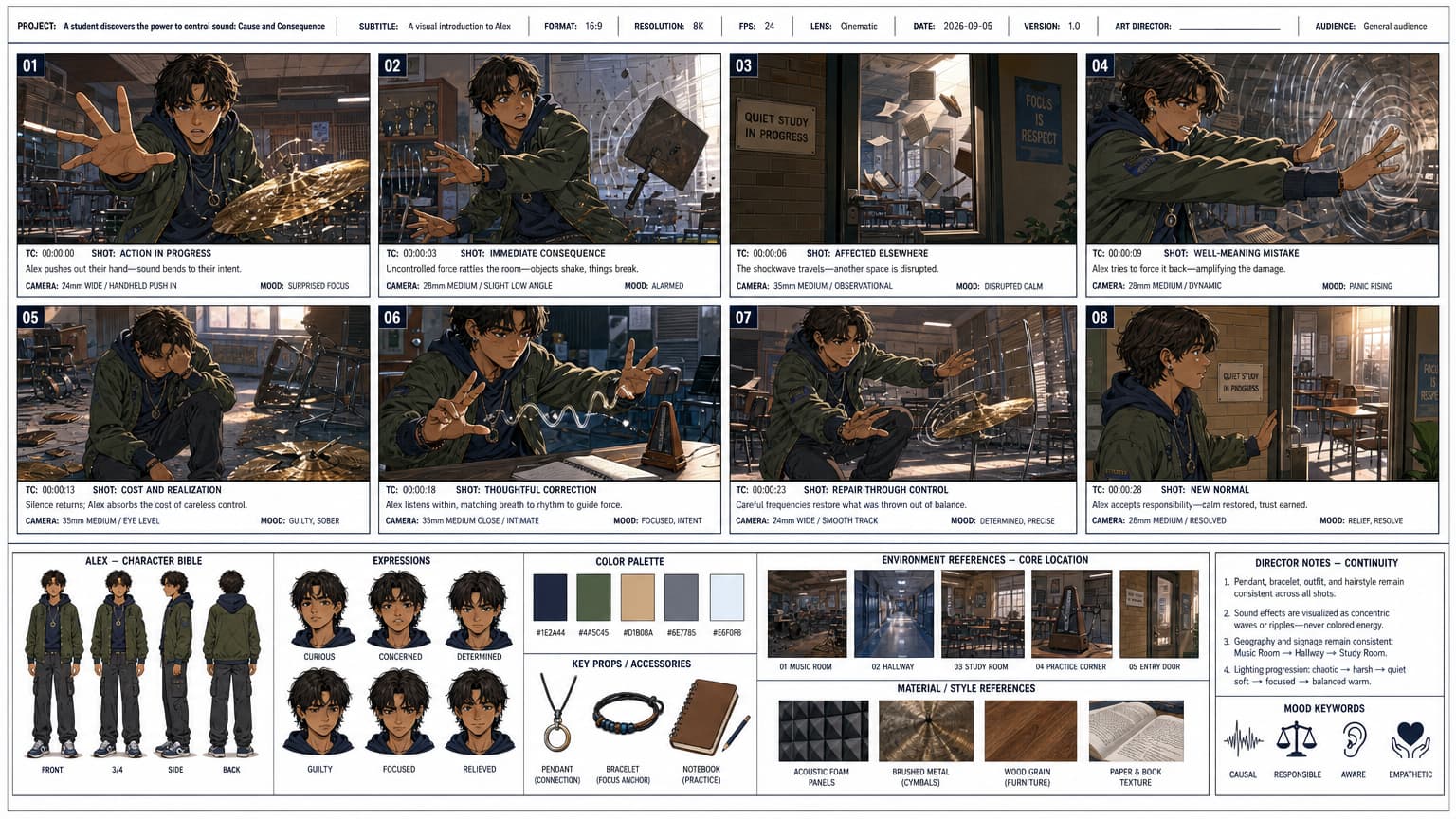 Storyboard example showing eight cinematic scenes and continuity documentation