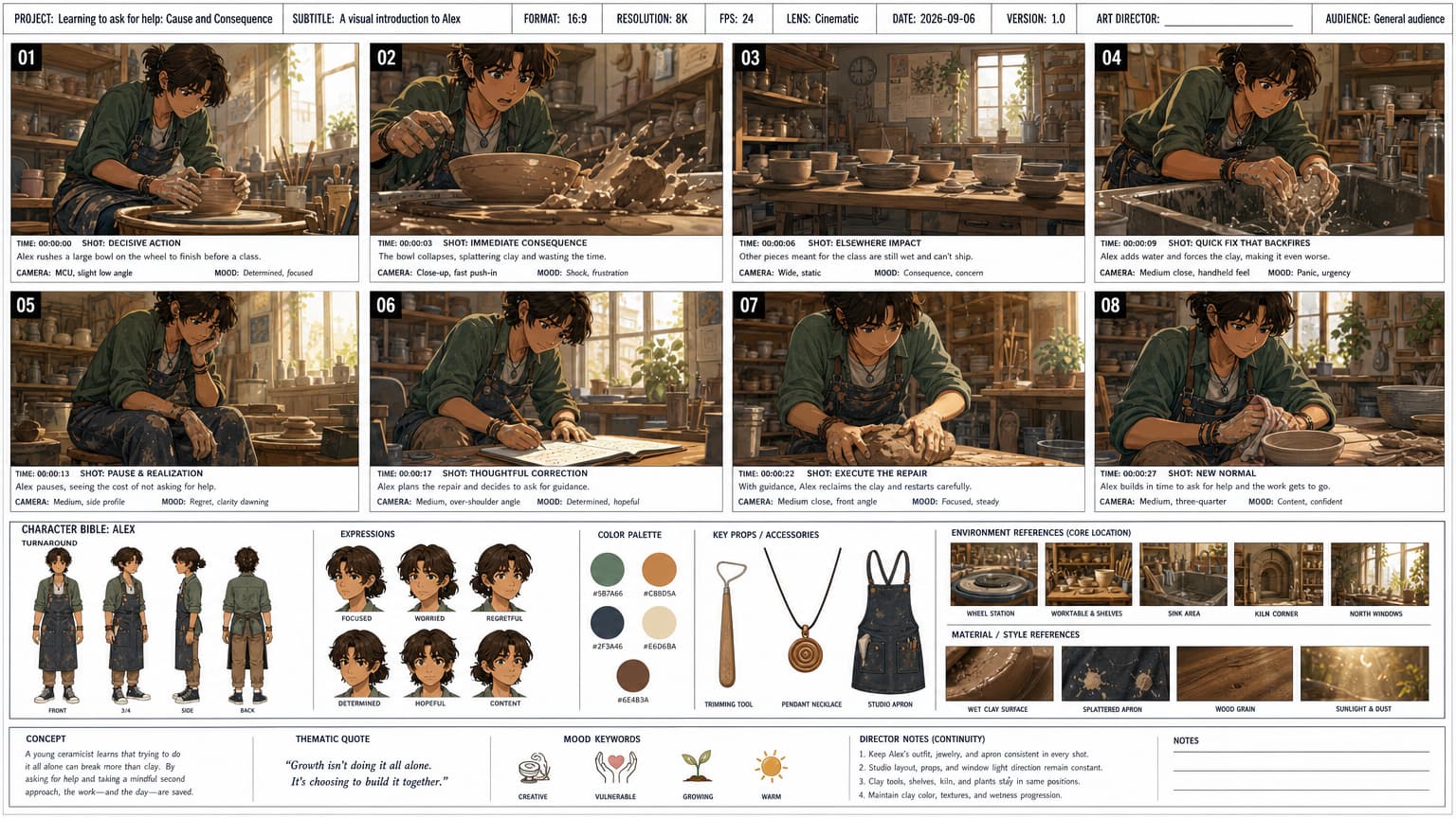 Example eight-scene storyboard sheet with character and continuity references