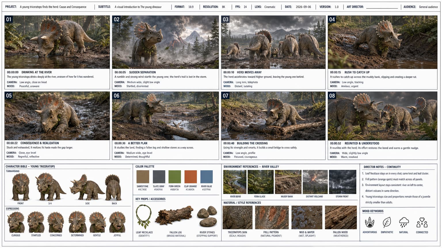 Example eight-scene storyboard sheet with character and continuity references